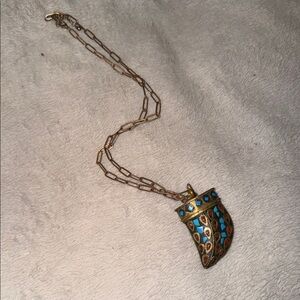 Artisan Gold, Red and Blue Horn Pendant Necklace